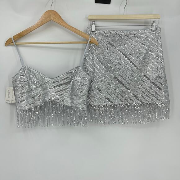 SAYLOR | Persephone Top & Mini Skirt Set in Platinum Silver Sequin Disco S - Picture 4 of 16